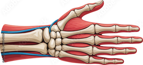Detailed scientific rendering of the human hand showcasing bones, muscles, blood vessels, and tendons clearly visible