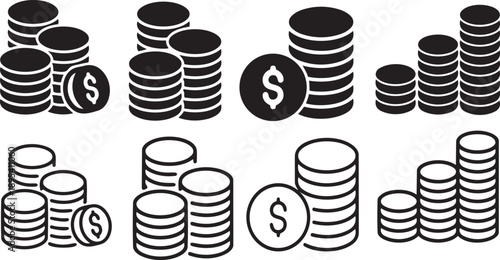 Wealth Illustration: Symbolic black and white graphic design showcases several stacks of coins, each a testament to financial assets, earnings and financial gain. 