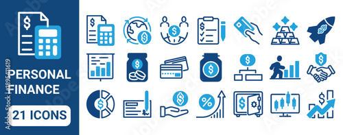 Personal Finance web line icons. Containing budget, savings, expense, income, tax, loan, statement, financial management, mortgage and more. Vector illustration