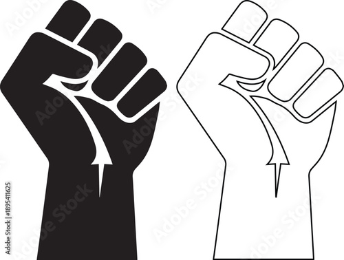 Vector illustration set of raised clenched fists symbolizing power and strength featuring solid black silhouette and linear outline styles ideal for protest and revolution concepts.