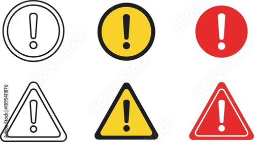 Various warning symbols displaying exclamation points inside circular and triangular shapes in red, yellow, and outline styles.