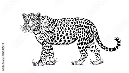 Intricate black and white illustration of a leopard with detailed rosette patterns. The leopard stands on grass, exuding a calm and poised demeanor.