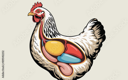 Educational illustration depicting the detailed internal anatomy of a chicken including its vital organs