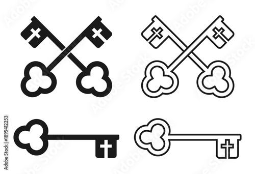 Saint Peters keys symbol. St. Peter key icon sign. Christianity and roman catholic symbol. Pope insignia. Vector illustration image.