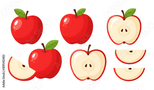 Cute cartoon red apple vector illustration set isolated on white