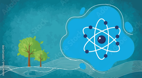 An atomic structure symbol floats inside a large blue shape next to stylized green trees over wavy lines.