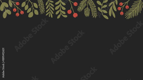 Festive holiday border featuring lush green pine branches and vibrant red berries on a dark backdrop