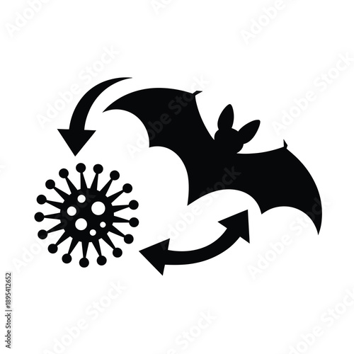 Black silhouette icon depicting a bat and a virus particle with arrows indicating transmission or interaction.