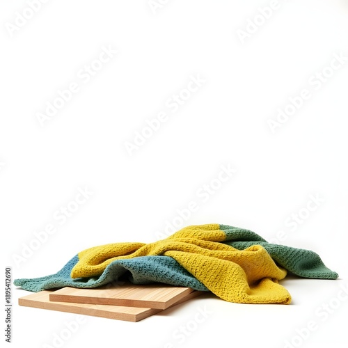 Minimal Still Life of Colorful Woven Fabric Draped on Wooden Boards Isolated on White Background