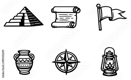Historical Exploration in outline style: Pyramid, Scroll, Compass Rose, Flag, Artifact, Lantern. Vector icons