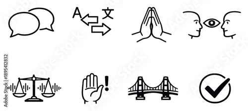 Cross-Cultural Communication in outline style: dialogue speech bubbles, translation arrows, respectful greeting hands, eye contact symbol, tone balance waves. Vector icons