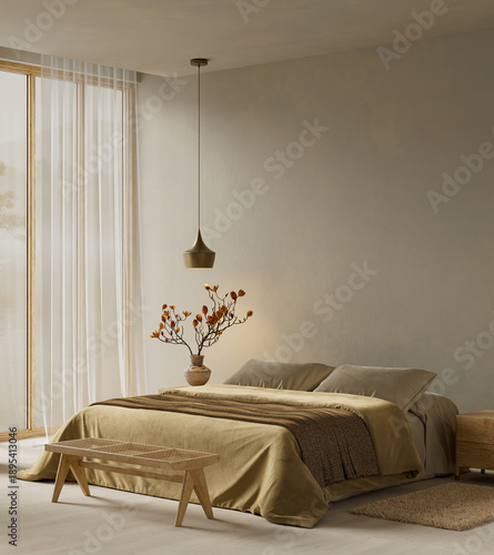 Minimalist modern japandi bedroom with soft beige tones, natural wood furniture and warm daylight creating a peaceful contemporary interior space. 3D illustration