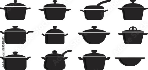Black silhouette cooking pots and pans, kitchenware icons grid, diverse cookware shapes, lid styles, culinary tools, cartoon design
