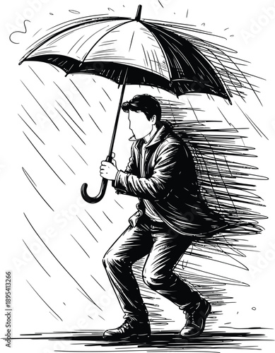 Man Struggling with Umbrella in Heavy Rain and Wind Storm Vector Sketch