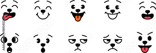 Cartoon facial expression icons, black line faces, emotional reactions, playful character set, tongue out, smile, frown, surprise