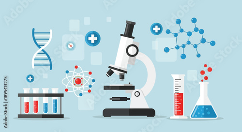 Microscope and DNA helix surrounded by scientific icons like chemical bonds, test tubes, and glowing atoms illustrate biological.