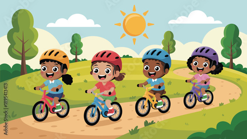 Four cheerful kids with colorful helmets enjoy a sunny bicycle ride along a winding park path