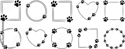 Cartoon paw print frames set, pet-themed borders, heart, circle, square shapes, black line icons, animal design elements