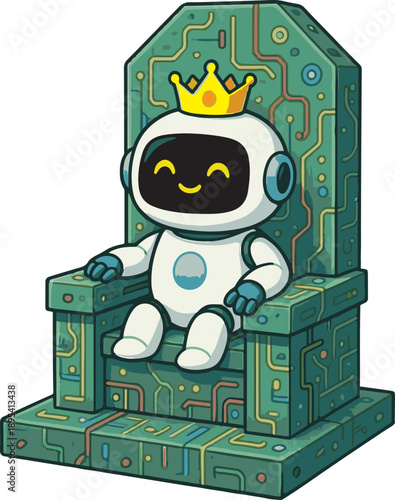 Robot king sitting on a tech throne wearing a crown, symbolizing technological advancement and innovation