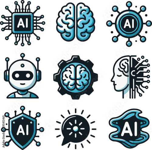Collection of modern AI and robotics icons featuring brain and technology elements