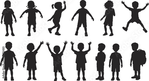 Children silhouette icons in playful poses, black cartoon figures, standing, jumping, walking, school theme, expressive movement grid