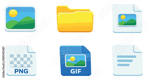 Image Formats set of icons in flat style: picture icon, folder, JPEG, PNG, GIF, document. Vector icons