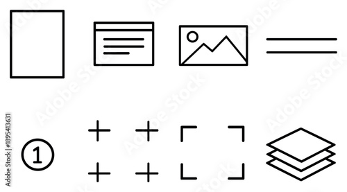 Page Composition Tools in outline style: page frame outline, text frame, image placeholder, header/footer line, page number icon, bleed marks, crop marks. Vector icons
