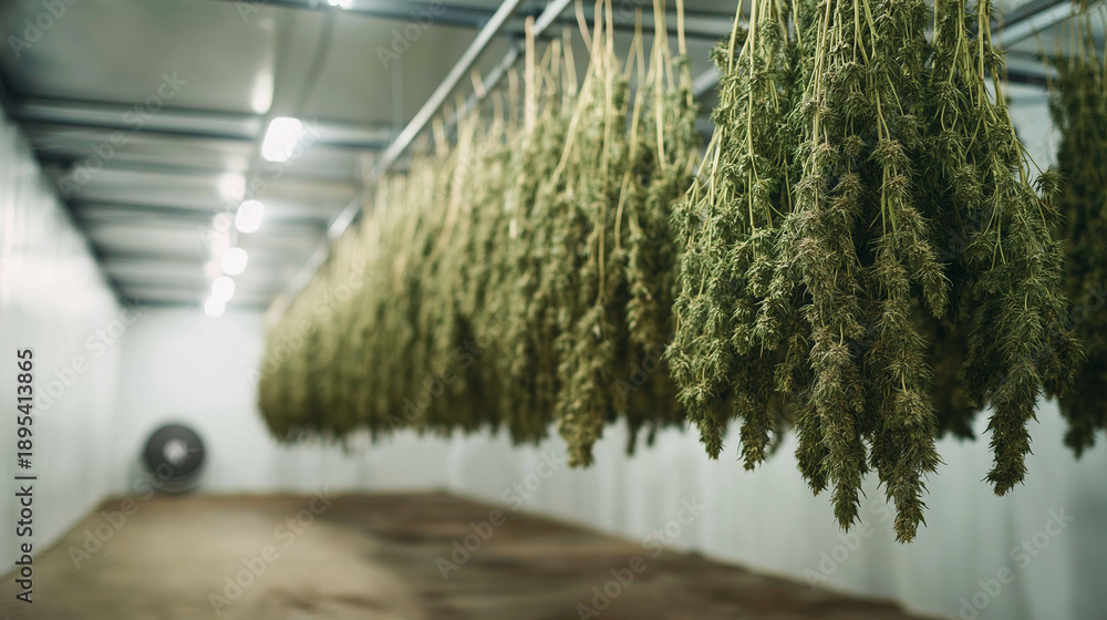 Obraz premium Cannabis plants hanging upside down for drying, showcasing the post harvest process in a controlled environment