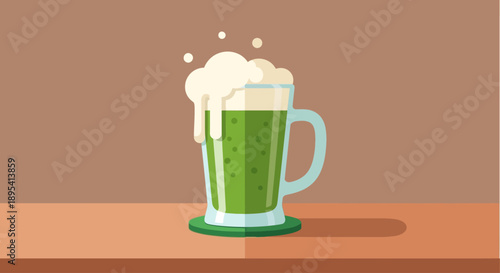 A festive flat design illustration featuring a pint of green beer in a classic mug, symbolizing the joyous celebrations of St. Patrick's Day