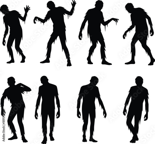 Zombie silhouette icons in creepy poses, black cartoon undead figures, Halloween theme, horror character set, walking dead grid