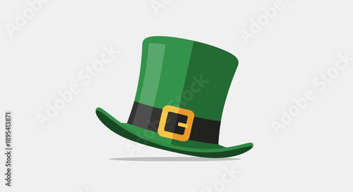 A crisp flat design illustration of a traditional green leprechaun hat with a buckle, an iconic symbol of St. Patrick's Day and Irish folklore