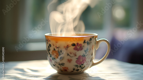 Cup of Tea with Steam – Warm Tea in a Floral Mug