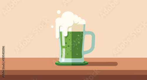 A festive flat design illustration featuring a pint of green beer in a classic mug, symbolizing the joyous celebrations of St. Patrick's Day
