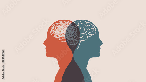 Head profiles depict a complex, chaotic mind juxtaposed with a clear, logical brain function