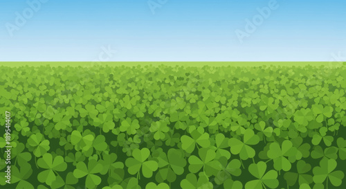 A serene flat design illustration showcasing a vast field of lucky four-leaf clovers, representing good fortune and the natural beauty of Ireland for St. Patrick's Day