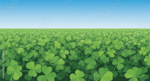 A serene flat design illustration showcasing a vast field of lucky four-leaf clovers, representing good fortune and the natural beauty of Ireland for St. Patrick's Day