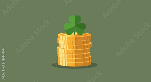 A symbolic flat design illustration featuring a stack of gleaming gold coins topped with a shamrock, representing wealth and good fortune for St. Patrick's Day