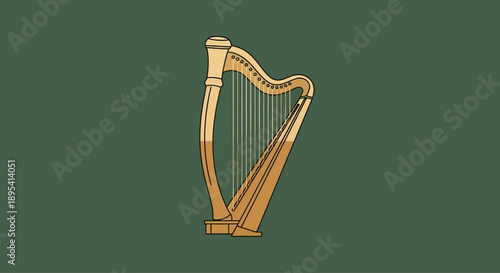 An elegant flat design illustration of a golden Irish harp, a revered national symbol, perfect for representing Irish culture and St. Patrick's Day celebrations