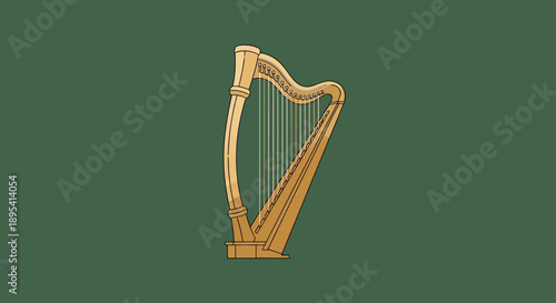 An elegant flat design illustration of a golden Irish harp, a revered national symbol, perfect for representing Irish culture and St. Patrick's Day celebrations