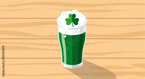 A creative flat design illustration of a pint glass with green liquid and a shamrock shape in its foam, a unique symbol of St. Patrick's Day festivities