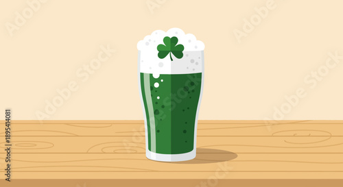 A creative flat design illustration of a pint glass with green liquid and a shamrock shape in its foam, a unique symbol of St. Patrick's Day festivities