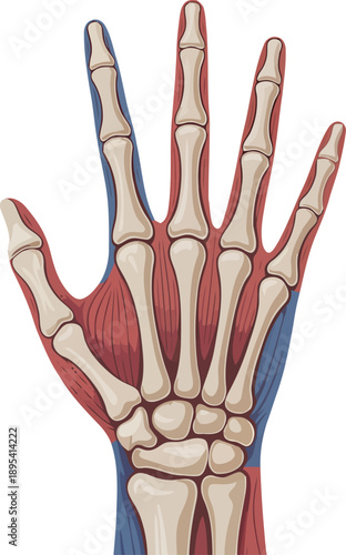 Illustrated view of a human hands internal structure with bones, muscles, and colored veins highlighted