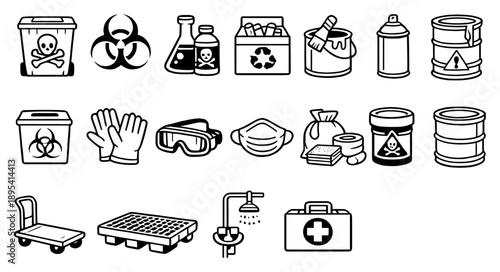 Public Waste Management Hazardous Waste Handling in outline style: hazardous waste bin, biohazard symbol, chemical container, battery disposal box, paint can. Vector icons