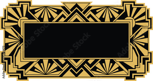Luxurious art deco gold and black frame featuring geometric sunburst corners and stepped borders suitable for vintage wedding invitations or retro party event signage and branding logos.