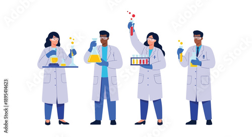 Team of four diverse laboratory scientists in white coats hold various test tubes and chemical samples against a white background.
