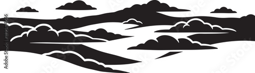 Black and white landscape with hills and clouds illustration