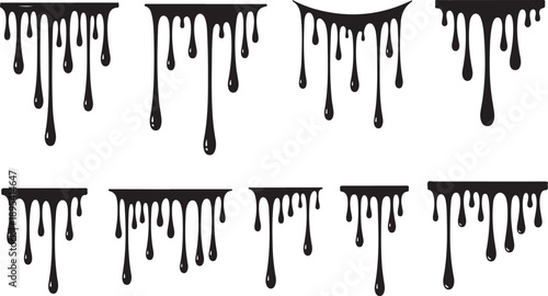 Black paint drips on white background in various patterns