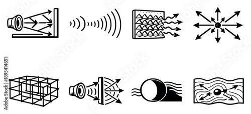 Sound Behavior in Space in outline style: echo reflection waves, reverberation decay trail, absorption foam surface, diffusion scatter arrows, room mode grid. Vector icons