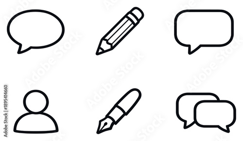 Commenting Tools in outline style: speech bubble, pencil, chat bubble, user profile, pen, dialogue icon. Vector icons