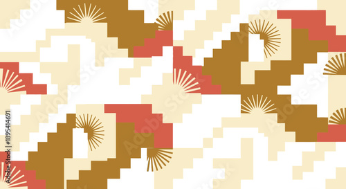 Seamless art deco geometric pattern featuring stepped ziggurat shapes and sunburst fans in terracotta beige colors suitable for vintage textile fabric print or retro wallpaper decor design.